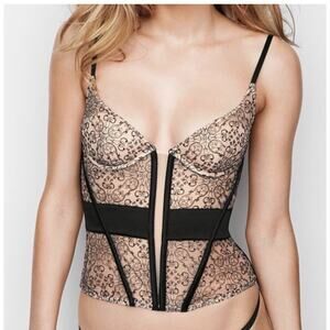 Victoria Secret Bustier Corset 34B Black Nude Embroidered Lace Up Whimsigoth Y2K